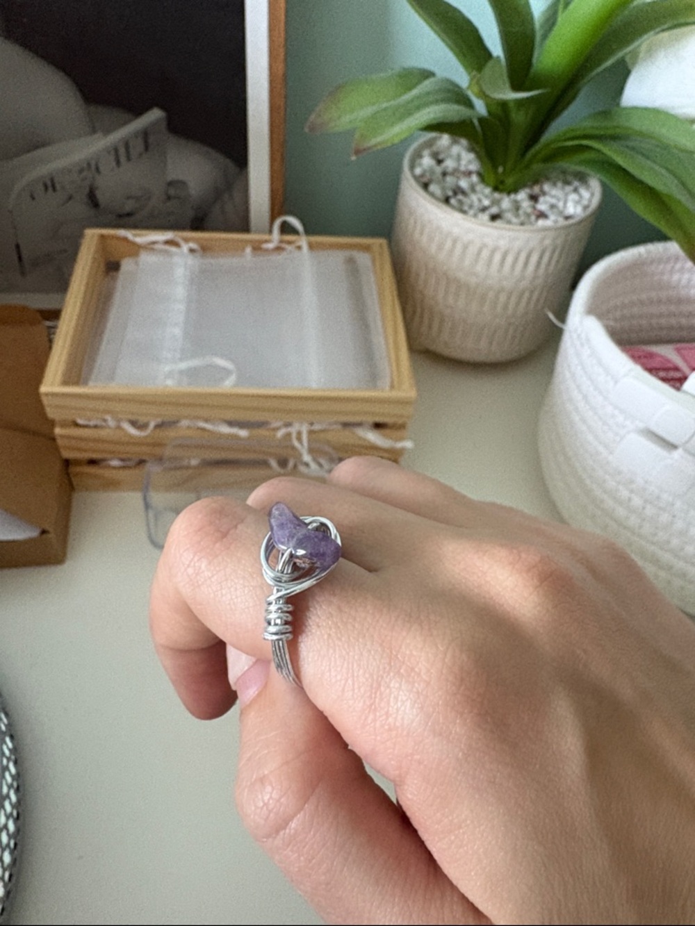 Handmade Silver Wire-Wrapped Amethyst Heart Ring - Purple (size 6)